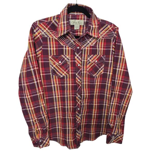 Cedar Rose Western Shirt Womens XL Red Yellow Pearl Snap Stiched Detail Plaid - Picture 1 of 4